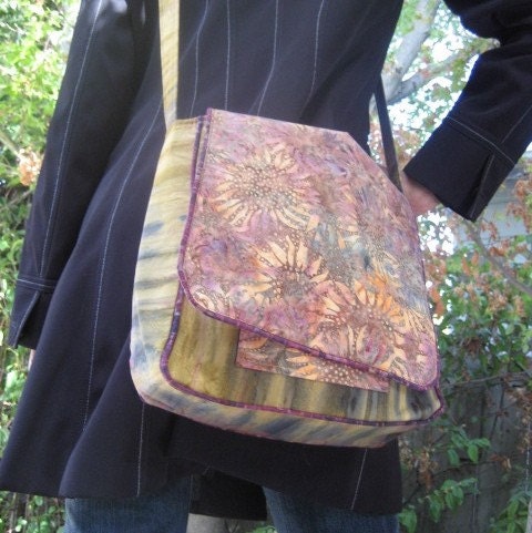 Cross body bag - Brown sunflower patterned batik shoulder bag
