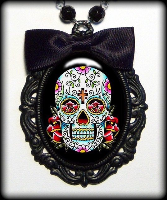 CLEARANCE Dia De Los Muertos Skull Framed Hand Made Necklace 65-F