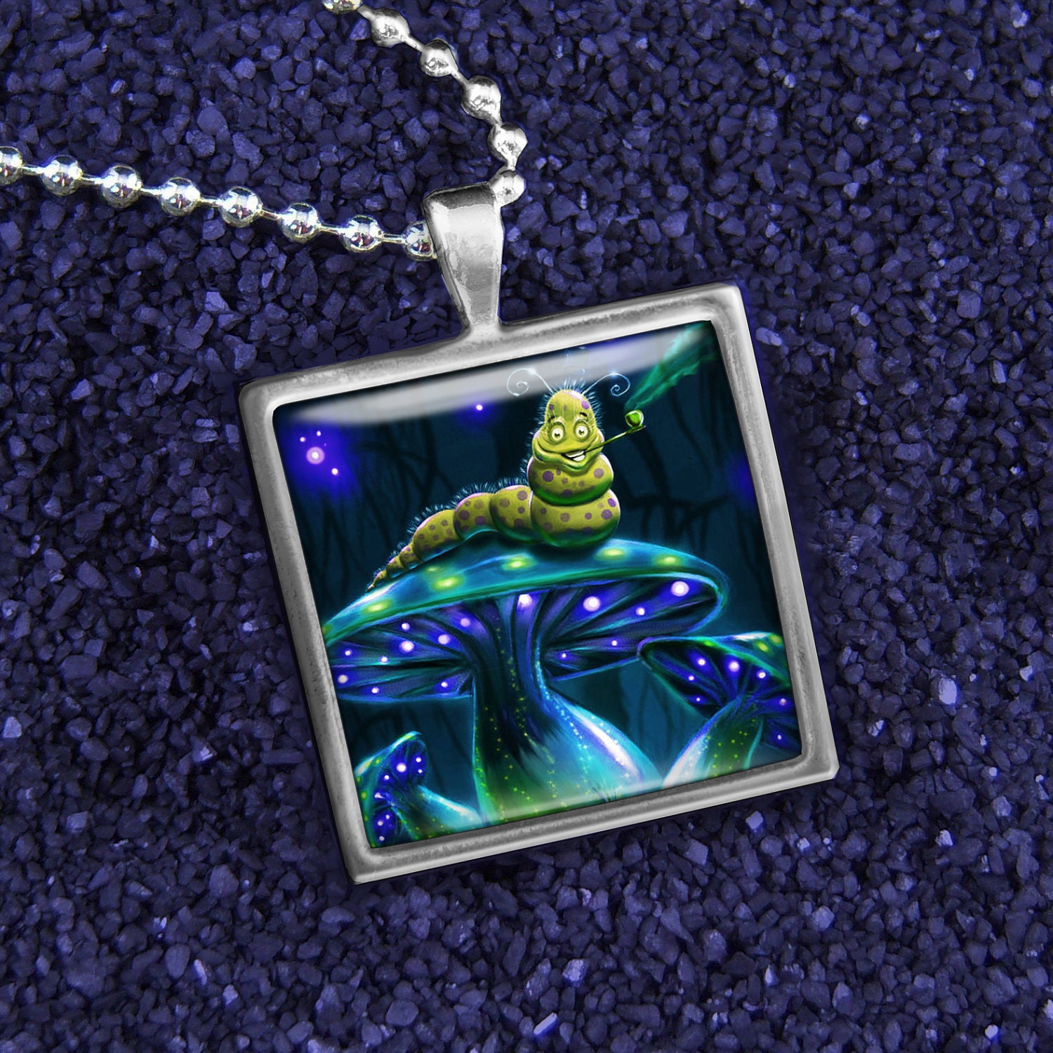 Alice in Wonderland Caterpillar and Mushroom Art Sterling Silver Necklace S-450
