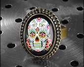 Dia De Los Muertos Traditional Day of the Dead Skull Antique Bronze Ring 65-ORB