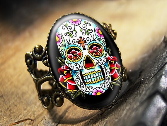 Dia De Los Muertos Traditional Day of the Dead Skull Antique Bronze Ring 65-AR
