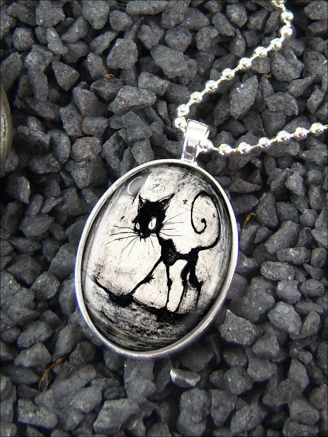 Black Cat & Moon Gothic Halloween Silver Necklace 479-SSO