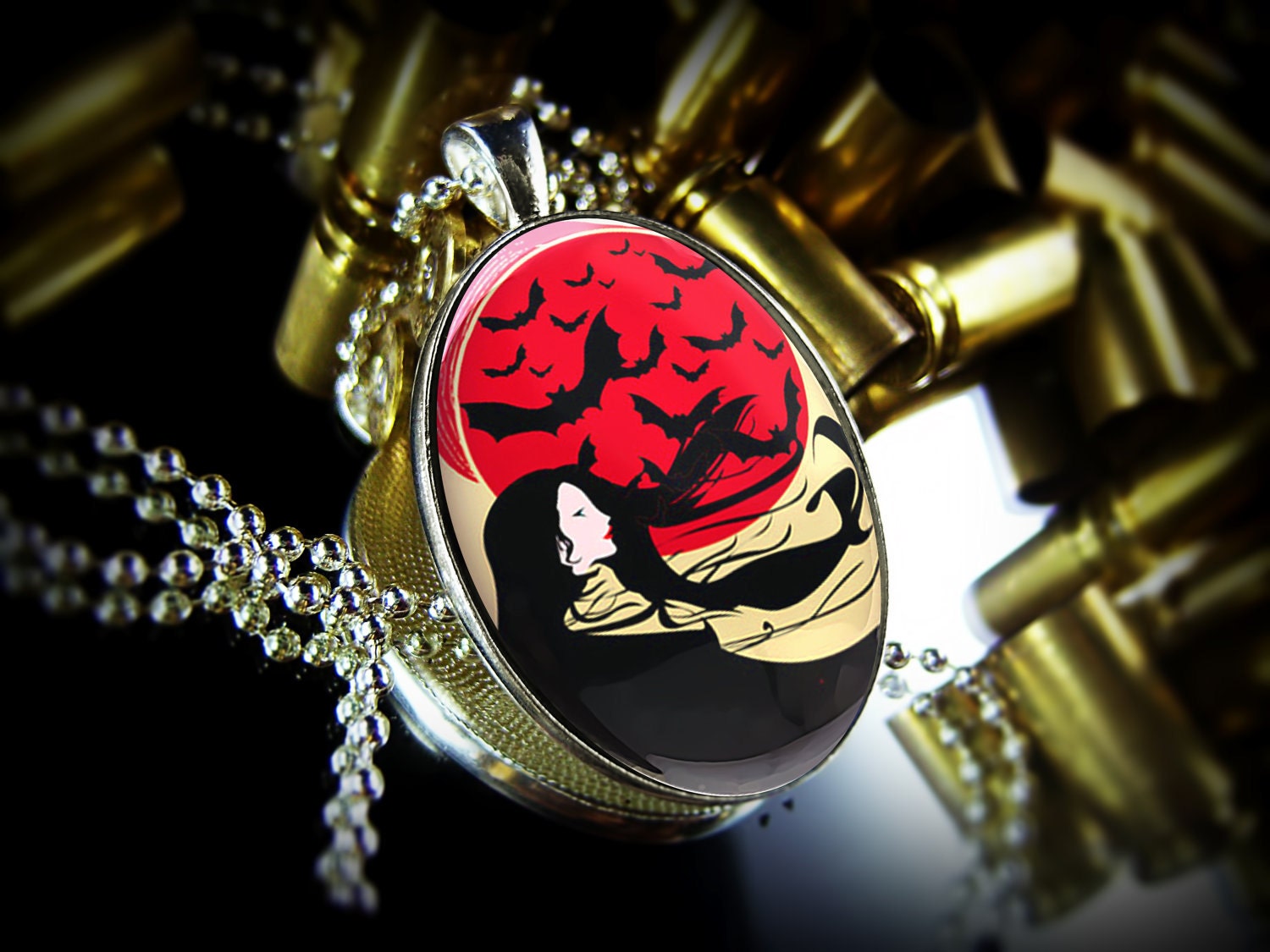 Gothic Art Nouveau Bats Oriental Asian Horror Design Sterling Silver Pendant Necklace 119-LSO