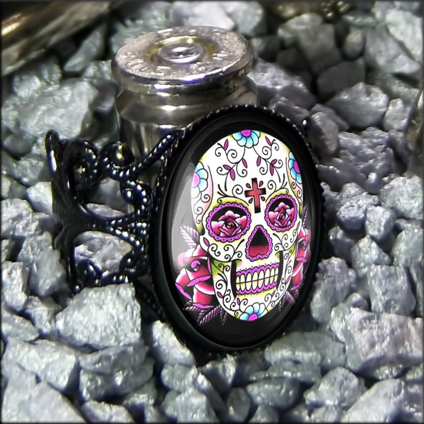 Pink Sugar Skull Day of the Dead Tattoo Flash Punk Black Adjustable Ring 65-4-ARB