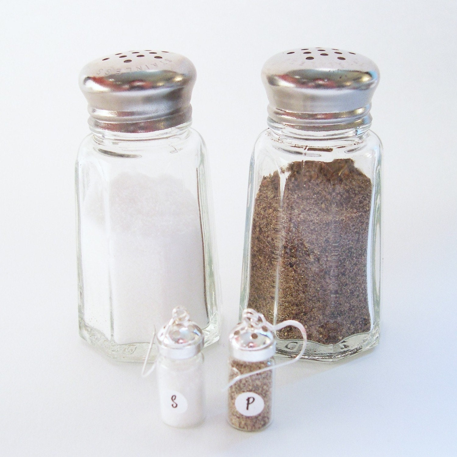 YOU Are Sooo Spicy - REAL Working Mini Salt and Pepper Shakers Earrings Sterling and Glass