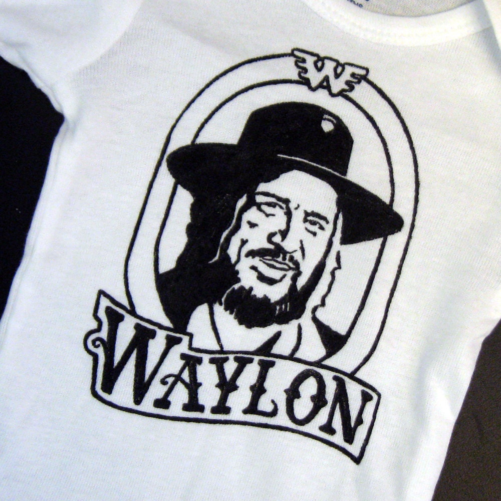 Hand Painted Waylon Jennings Baby Bodysuit or Kid's T-Shirt (pick your size) country music - 1970s - retro - black and white