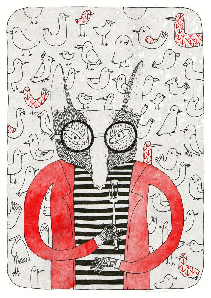 Mr. Fox and wallpaper with birds A4 print