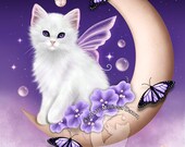 SALE White Cat Art Print // Cat on Moon // Twilight Moon Pearls - 5x7