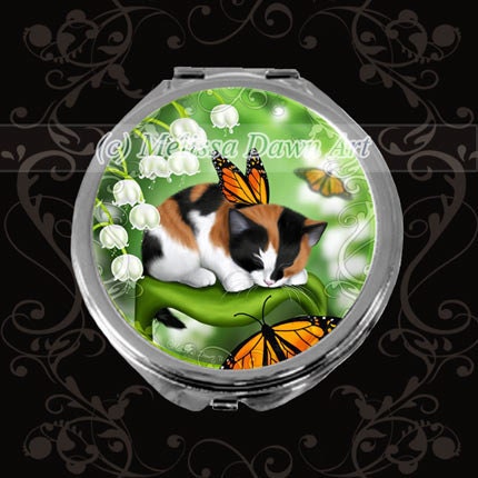 Calico Cat Compact Mirror // Cat Mirror Monarch Butterflies // Lily Bells
