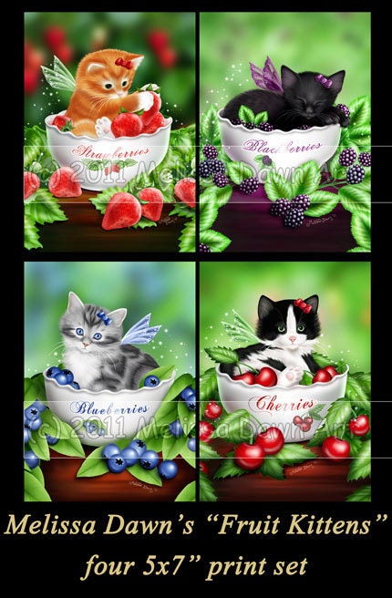 SALE Fruit Cat Art Print Set // Orange, Tabby, Tuxedo, Black Cat Prints // Four 5x7" Prints for Just 12.00