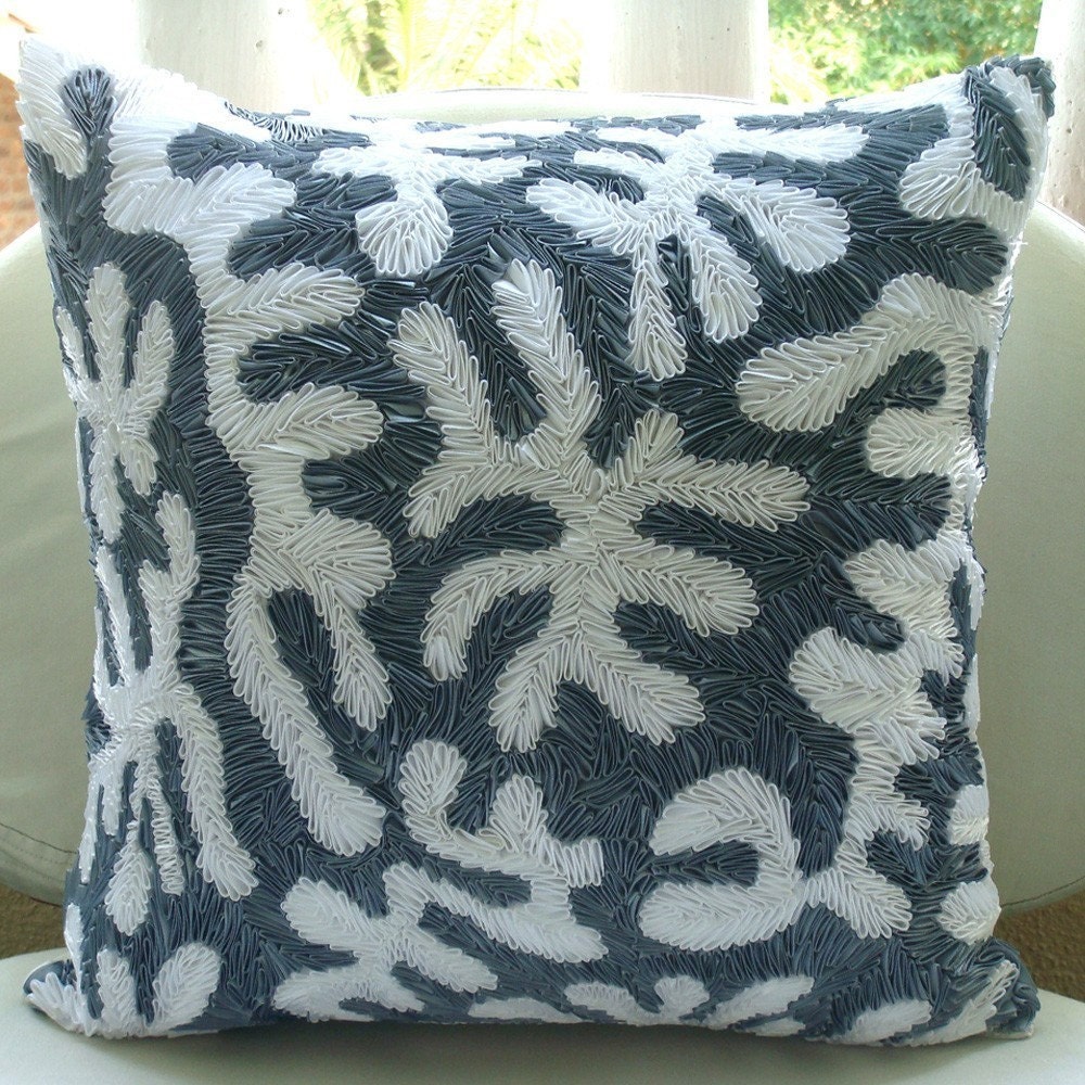 Coral White - Throw Pillow Covers - 16x16 Inches Silk Pillow Cover with Satin Ribbon Embroidery