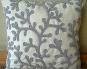 Silver Coral - Throw Pillow Covers - 16x16 Inches Silk Pillow Cover with Matte Silver Bead Embroidery
