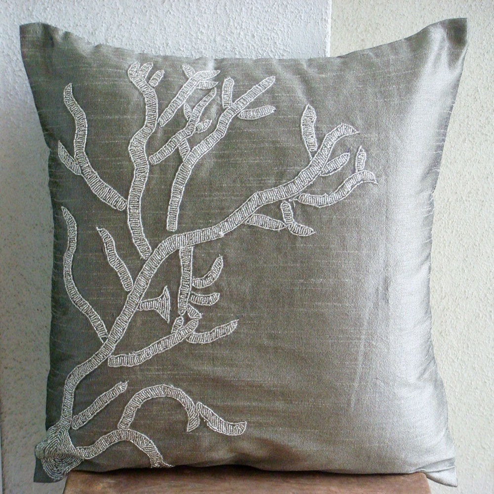 Coral Adornment - Euro Sham Covers - 26x26 Inches Silk Euro Sham Cover With Silver Coral beads