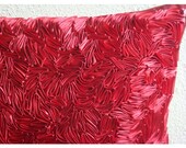 Red Hot Satin Ribbon - Throw Pillow Covers - 16x16 Inches Silk Pillow Cover with Satin Ribbon Embroidery
