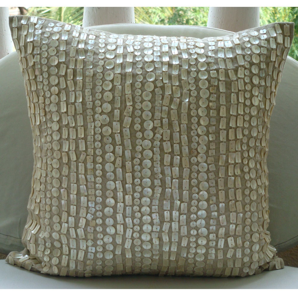 Decorative Throw Pillow Covers Accent Couch Pillow 16 Inch Linen Pillow Mother Of Pearl Embroidered Bedroom Home Decor - Purely Pearls