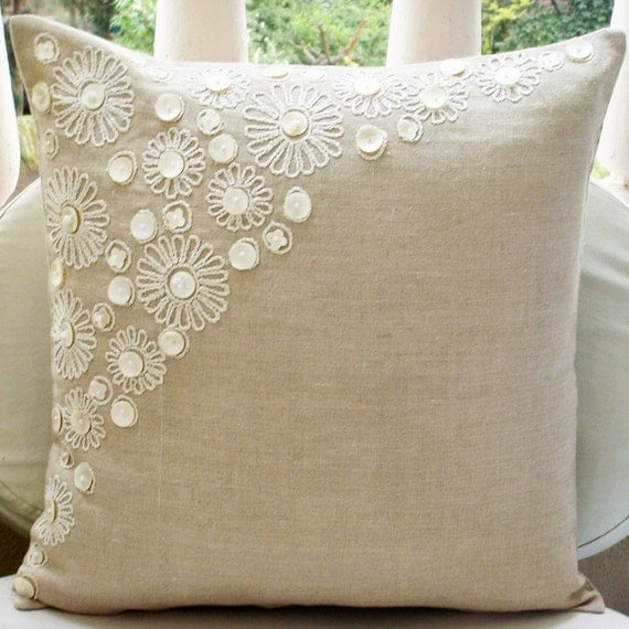 Elegance - Throw Pillow Covers - 16x16 Inches Linen Pillow Cover with Mother Of Pearl