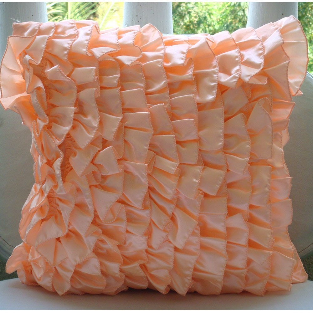 Vintage Peach Sorbet - Throw Pillow Covers - 20x20 Inches Satin Pillow Cover in Pastel Peach Color with Satin Ruffles