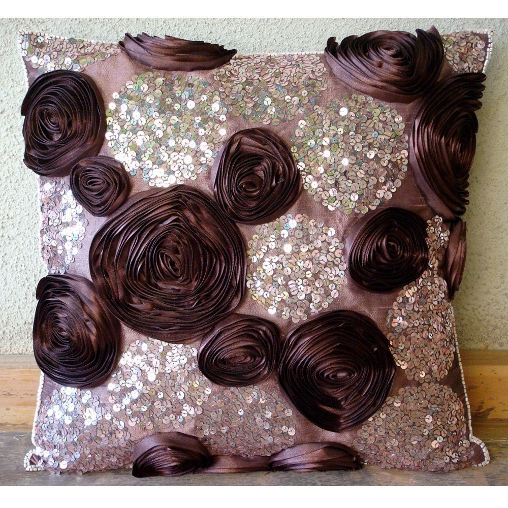 Wine And Roses - Pillow Sham Covers - 24x24 Inch Silk Pillow Sham Cover with Ribbon and Sequin Embroidery
