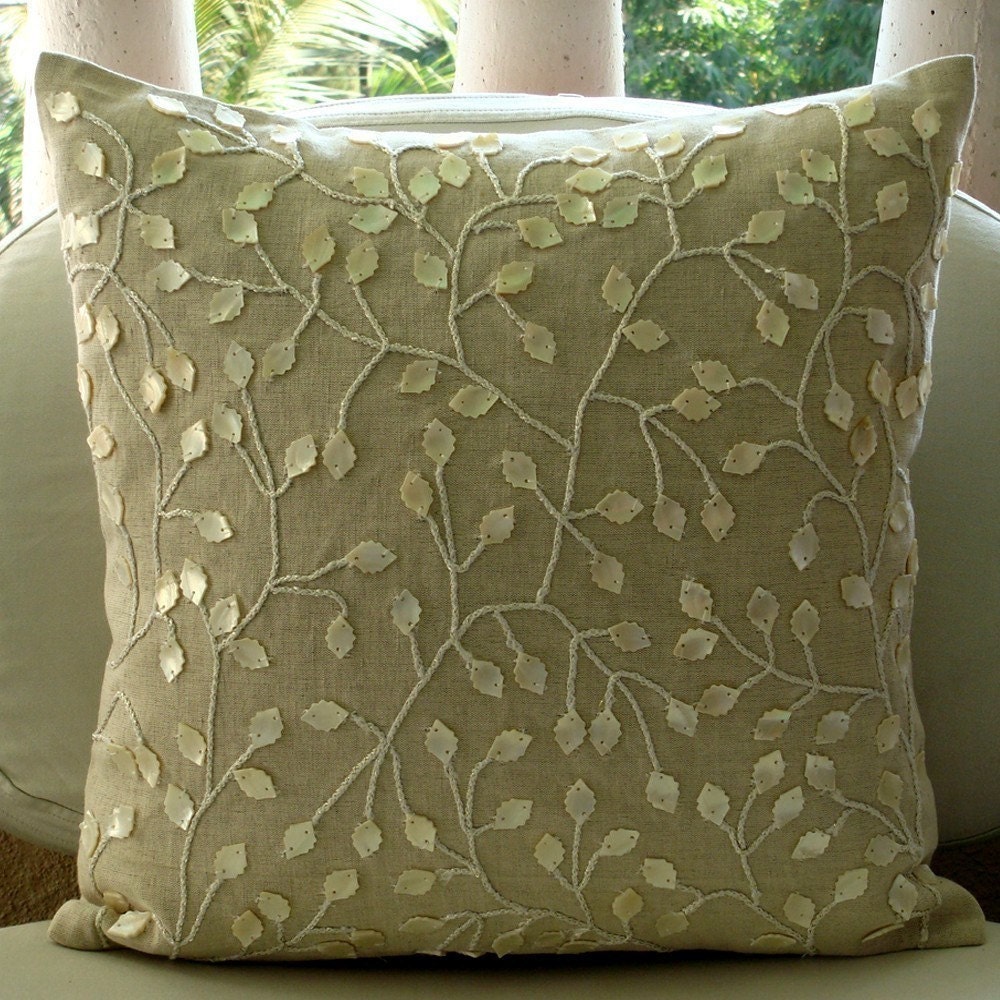 Vintage Garden - Throw Pillow Covers - 18x18 Inches Linen Pillow Cover with Jute and Mother Of Pearl Embroidery