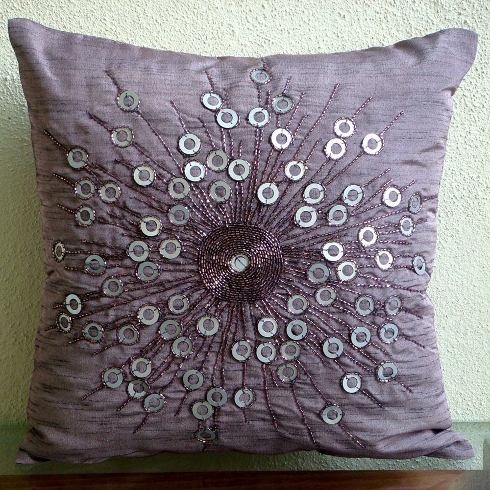 Violet Light - Throw Pillow Covers - 16x16 Inches Silk Pillow Cover Embellished with Sequins And Beads