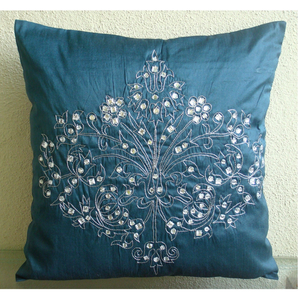 Decorative Throw Pillow Covers Accent Pillow Couch 16 Inch Pillow Cover Damask Embroidered Teal Damask Home Decor Bedroom Bedding Housewares