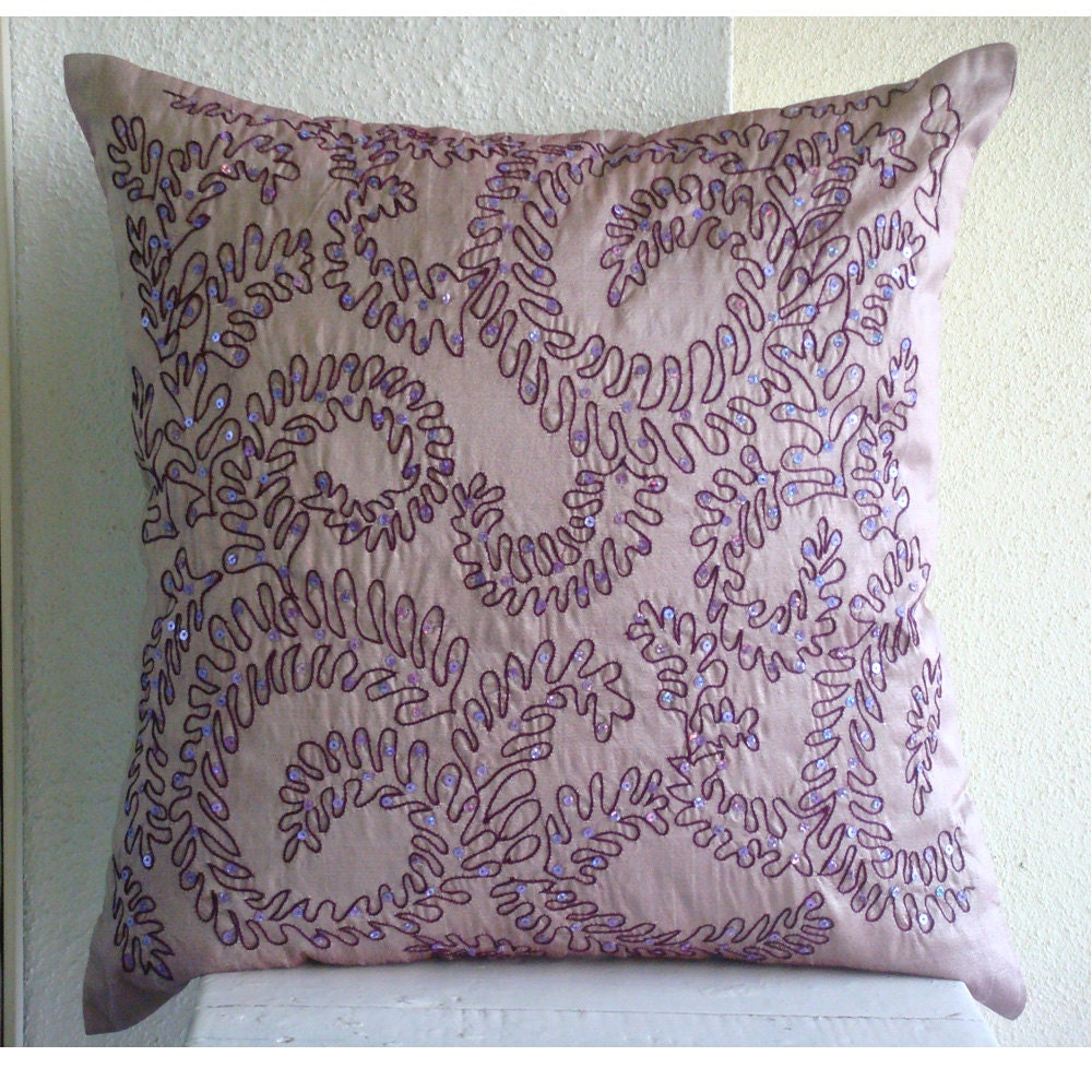 Purple Ivy - Throw Pillow Covers - 16x16 Inches Silk Pillow Cover with Embroidery & Sequins