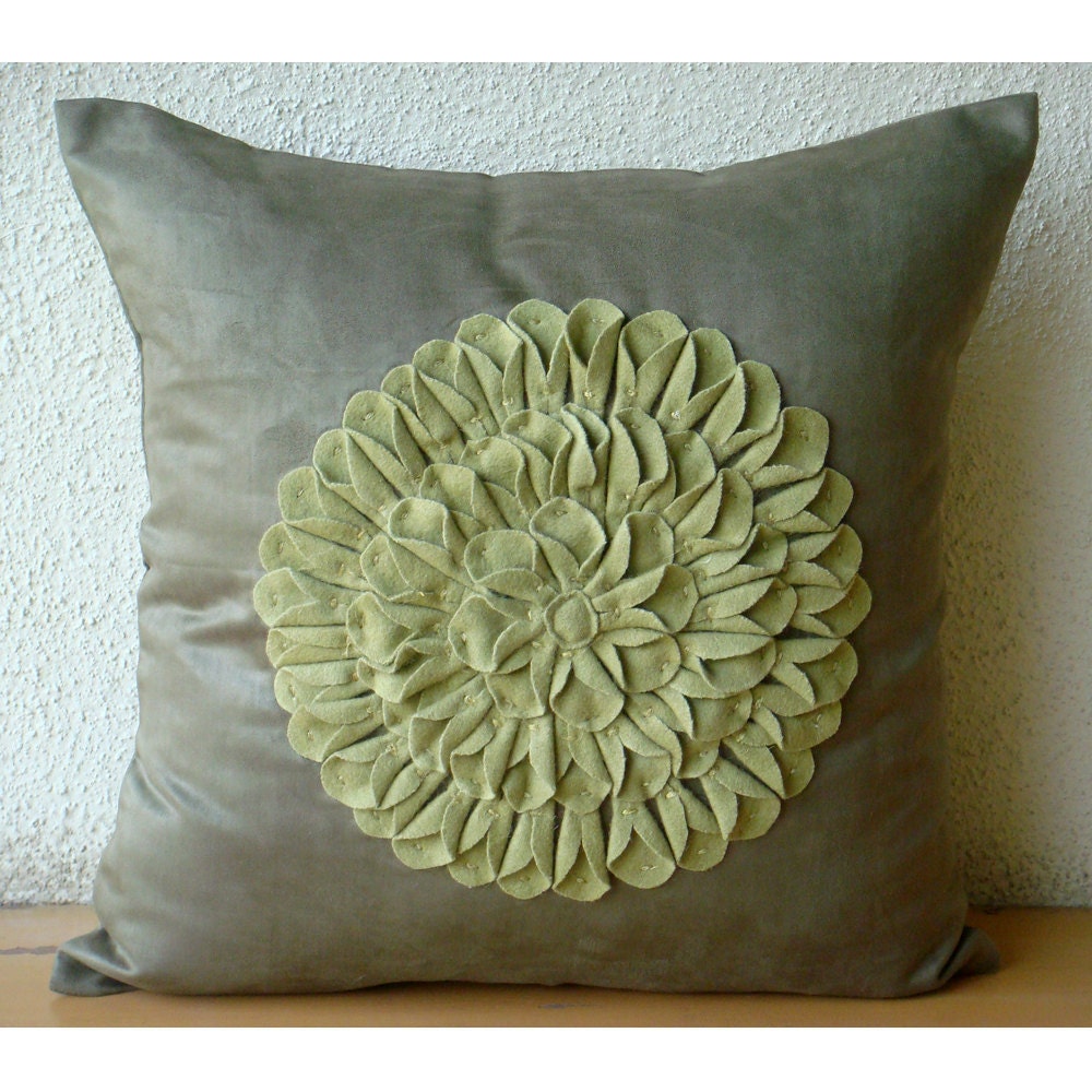 Green Dahlia - Throw Pillow Covers - 20x20 Inches Suede Pillow Cover with Felt Flower