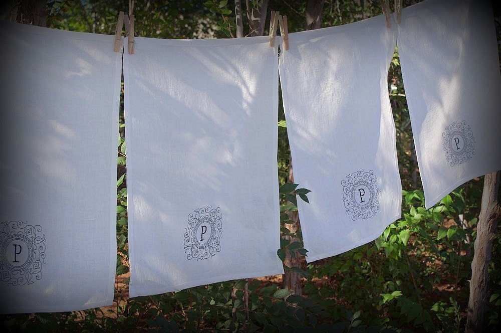Gift Idea Linen Tea Towels in WHITE Personalized With Your Initial Set of 4 Great Gift Idea as SEEN On HGTV