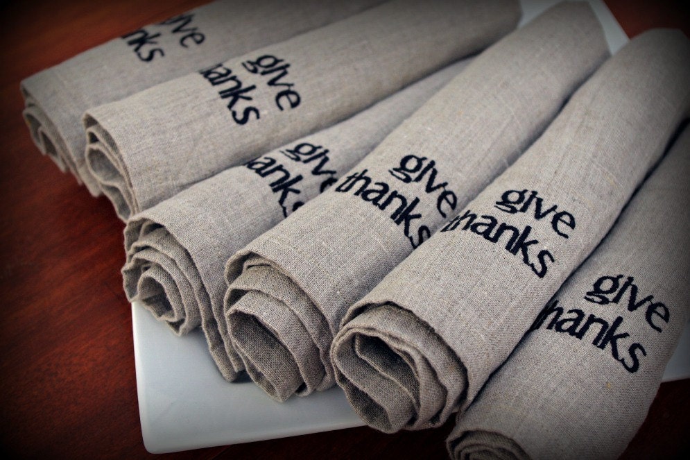 Thanksgiving Linen Napkins in NATURAL Set of 6 Two Words give thanks Gratitude