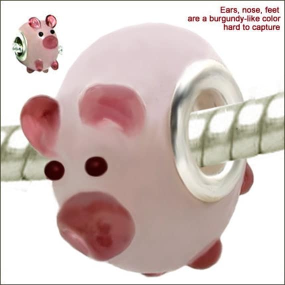 MERZIEs silver Murano style lampwork glass PINK PIG European charm animal bead