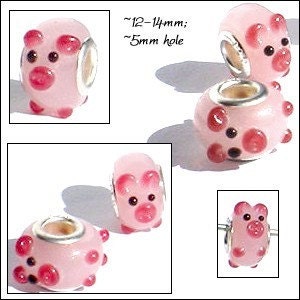 MERZIEs silver Murano style lampwork glass PINK PIG European charm animal bead