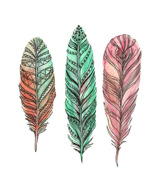 Feather Art - Three Feathers - Feather Watercolor Art
