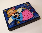Cat Guardian Angel 4 x 5 Small Wood Block Print by LuLu
