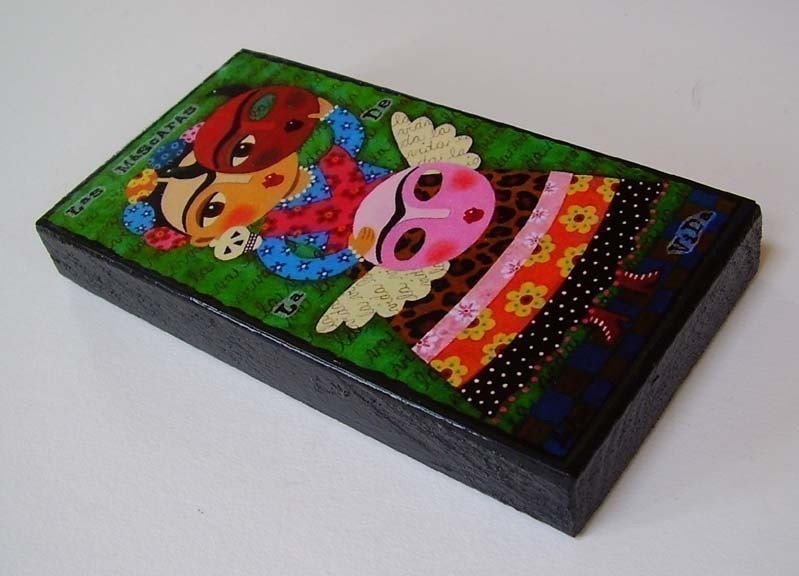 Frida Kahlo with Angel Devil Mascaras 5 x 10 Large Wood Block Print by LuLu
