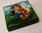 Seated Fairy with Cat 4 x 4 Small Wood Block Print by LuLu