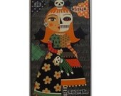 Halloween Skeleton GIRL and SKULLS 5 x 10 PRINT of painting by LuLu - Black Friday Cyber Monday Sale