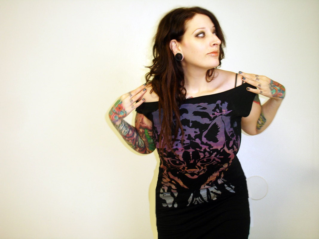 Lynx Cat tshirt dress -  multicolor eco-friendly ink screenprint on black cotton - womens sizes S, M, L