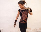 Red Fox with tail on the back tshirt dress - eco-friendly copper ink screenprint on black cotton - sizes S, M, L