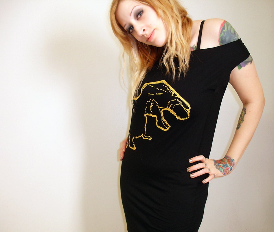 TRex Tyrannosaurus Rex tshirt dress - eco-friendly gold ink screenprint on black cotton - womens sizes S, M, L