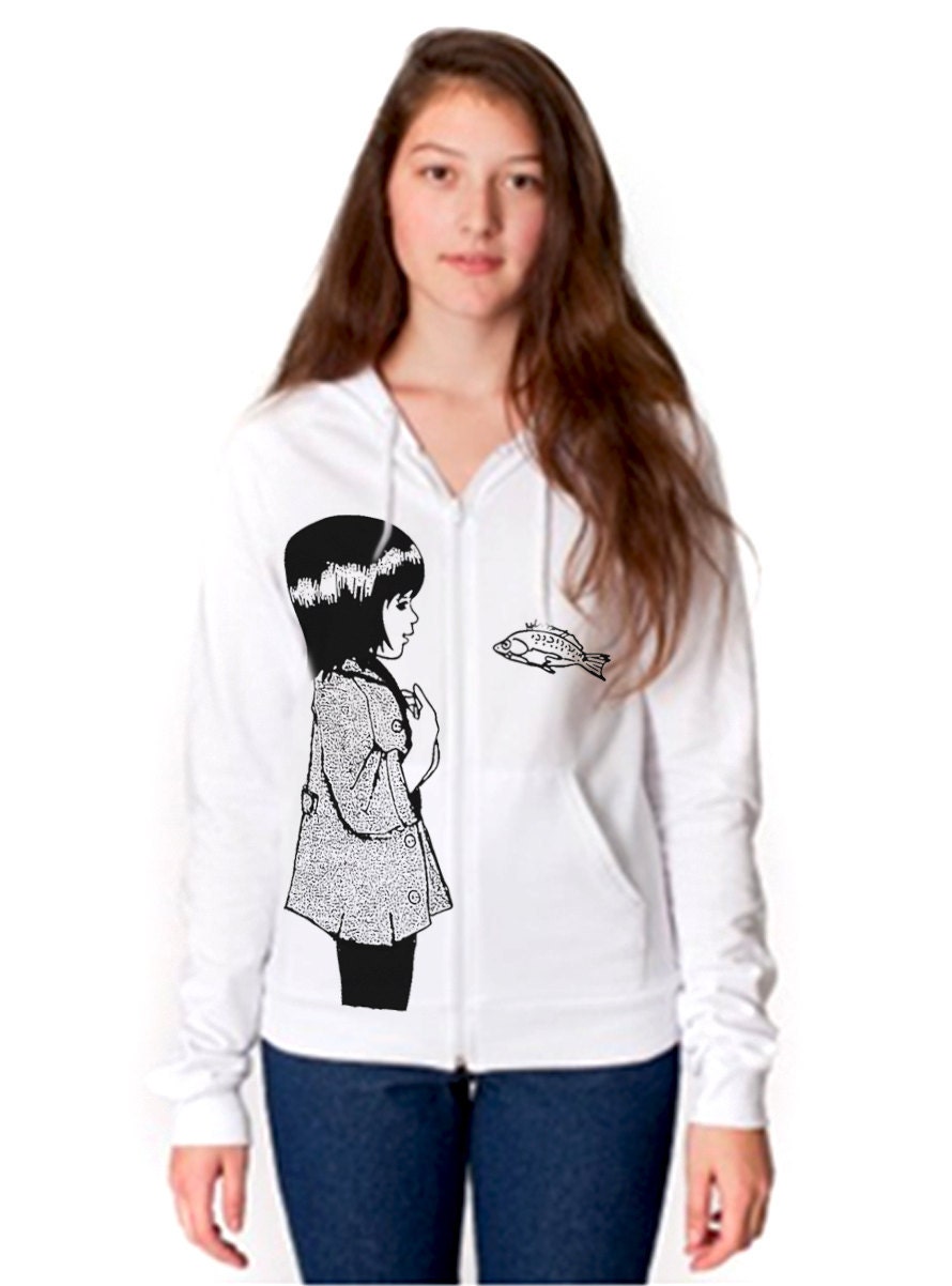 Underwater Kate Hoodie - eco-friendy black ink screenprint on lightweight white cotton - size unisex Medium - one in stock