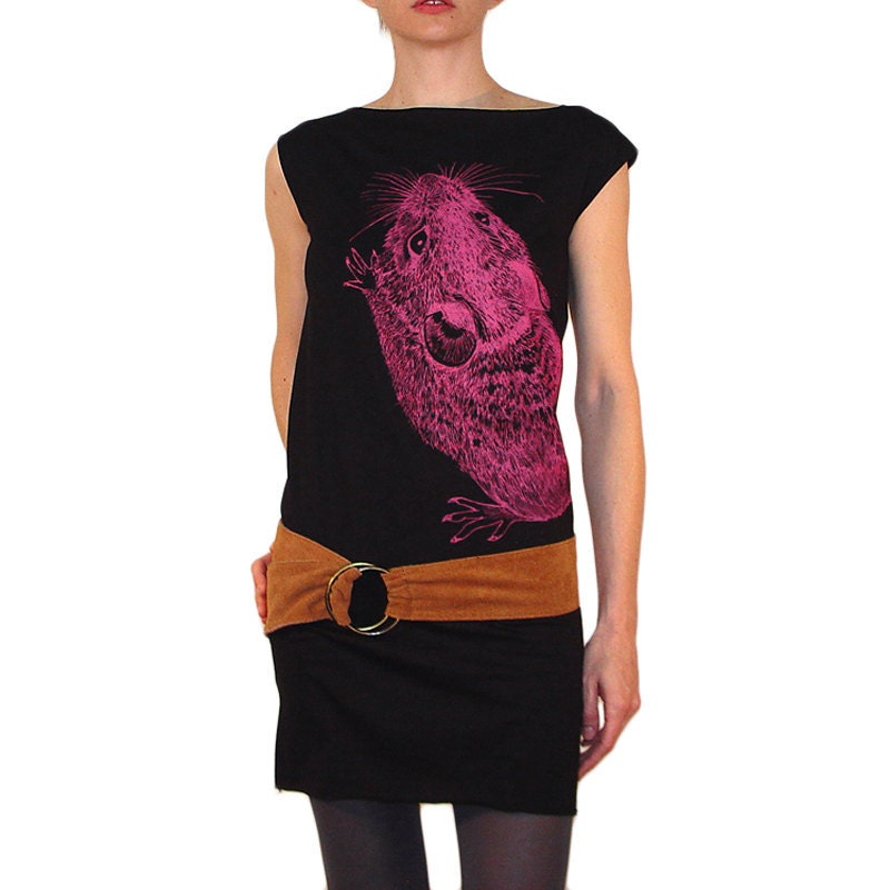 Mouse with tail on the back tshirt dress - eco-friendly neon magenta ink screenprint on black cotton - womens sizes S, M, L