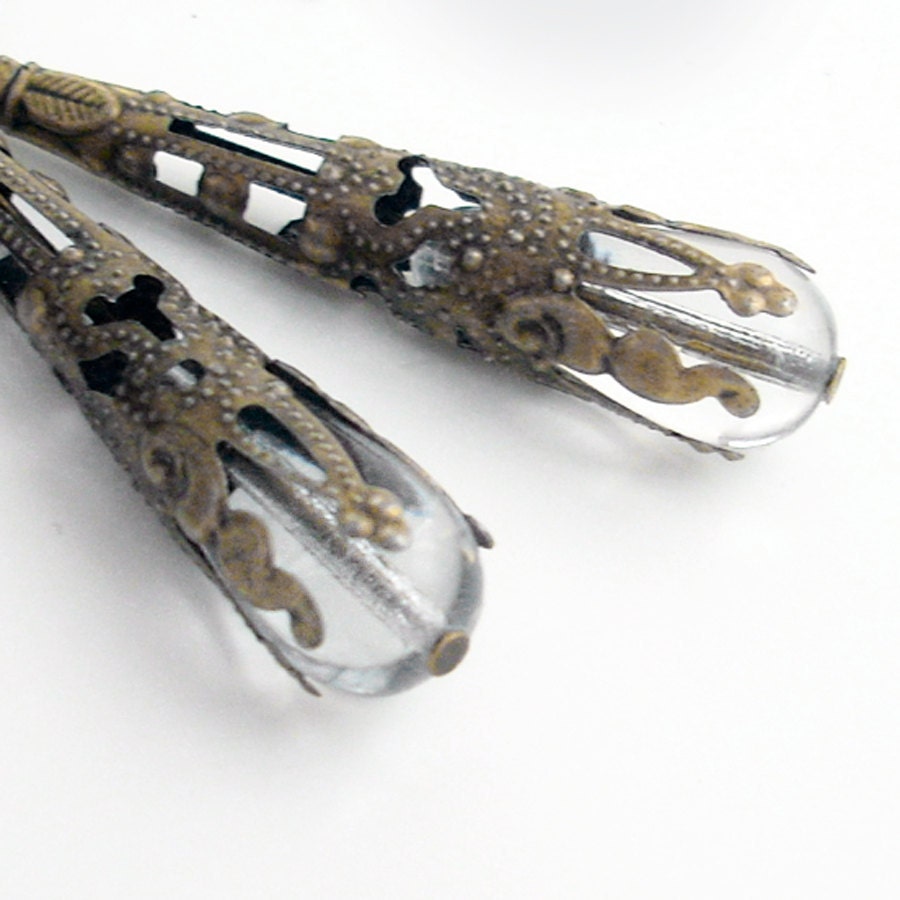 Crystal Clear Glass Drops Wrapped in Bronze Earrings