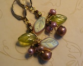Mauve and Cranberry Pearl EARRINGS  with Czech Glass Leaves - Valentine Gift for Her