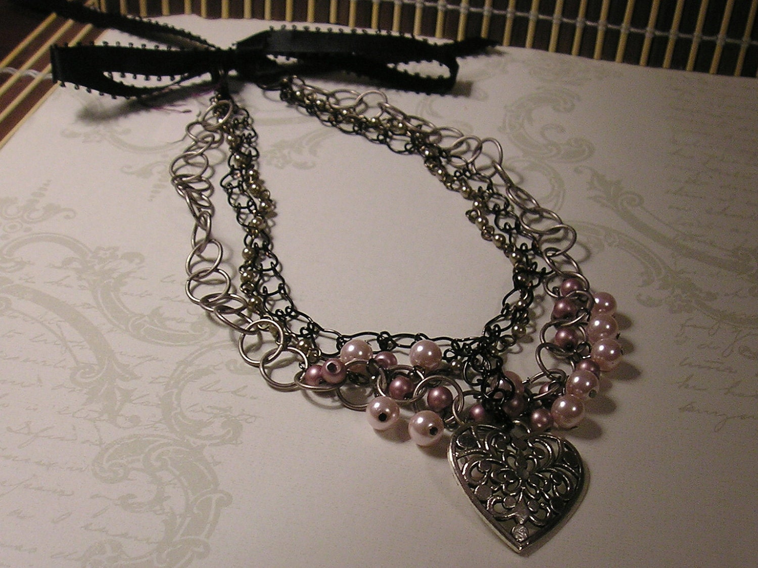 Mother's Day Gift - Multi-layered Black & Pink Necklace with Black Satin Ribbon Closure