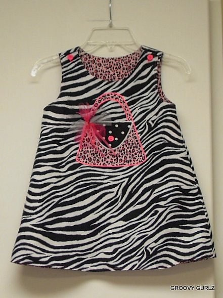 Spring Dress A Line Zebra with Applique Purse by Groovy Gurlz Sizes 6m, 12m, 18m, 2t, 3t, 4t, 5y, 6y