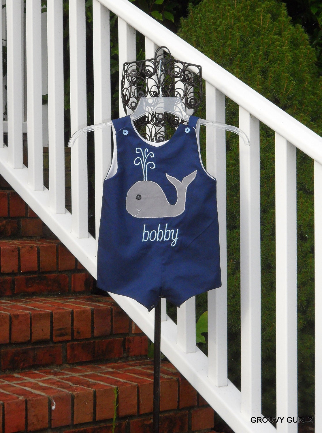 Boys Personalized Jon Jon  Applique Whale  by Groovy Gurlz Longall or Shortall  Sizes 3m, 6m, 9m, 12m 18m, 24m, 3t, 4t, 5y, 6y