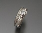 Antique Style Moissanite Wedding Ring Set. Matching  Engagement and Wedding  Rings in White Gold with  Milgrain Accents. Made to order
