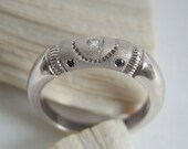 White Gold Wedding, Engagement Ring with white and black diamonds. Textured, hammered and polished finish