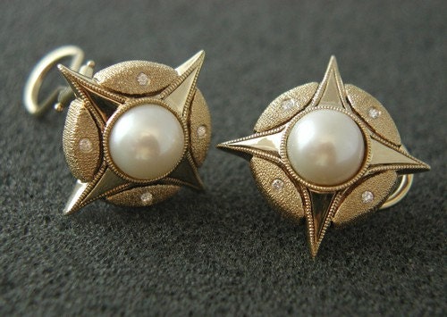 Unique textured, hammered gold earrings with natural pearls, diamonds, omega backs. Ready to ship