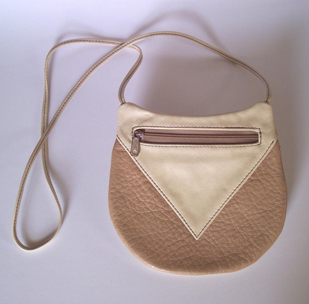 Off-White and Camel Color Leather Handbag - Cross Body Style - Medium Round